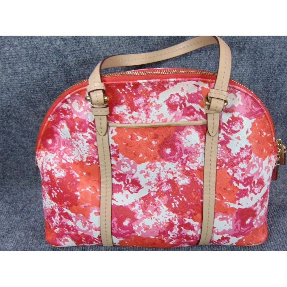 Coach Satchel Pink Orange Floral Coated Canvas Leather Trim F31341‎ FLAW READ